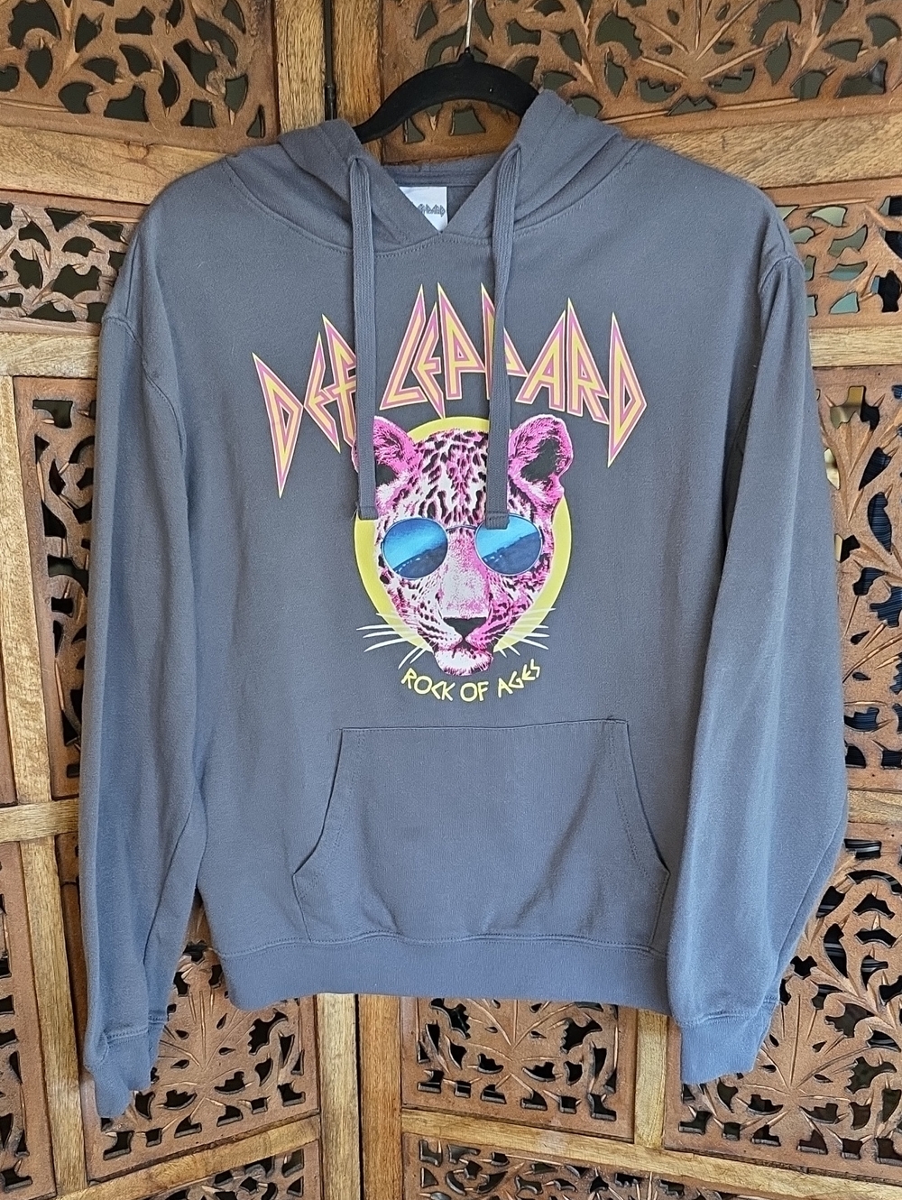 Def Leppard Graphic Hoodie - Gray with Pink Leopard Print